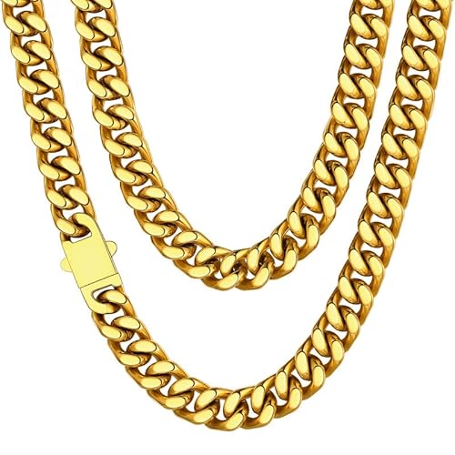 ChainsHouse Stainless Steel Mens Cuban Link Chain, Black/ 18K Gold Plated Miami Cuban Chain Necklace, 5mm/7mm/9mm/12mm/14mm Width, No Tarnish& Durable Hip Hop Mens Jewelry, 18"-30", Send Gif