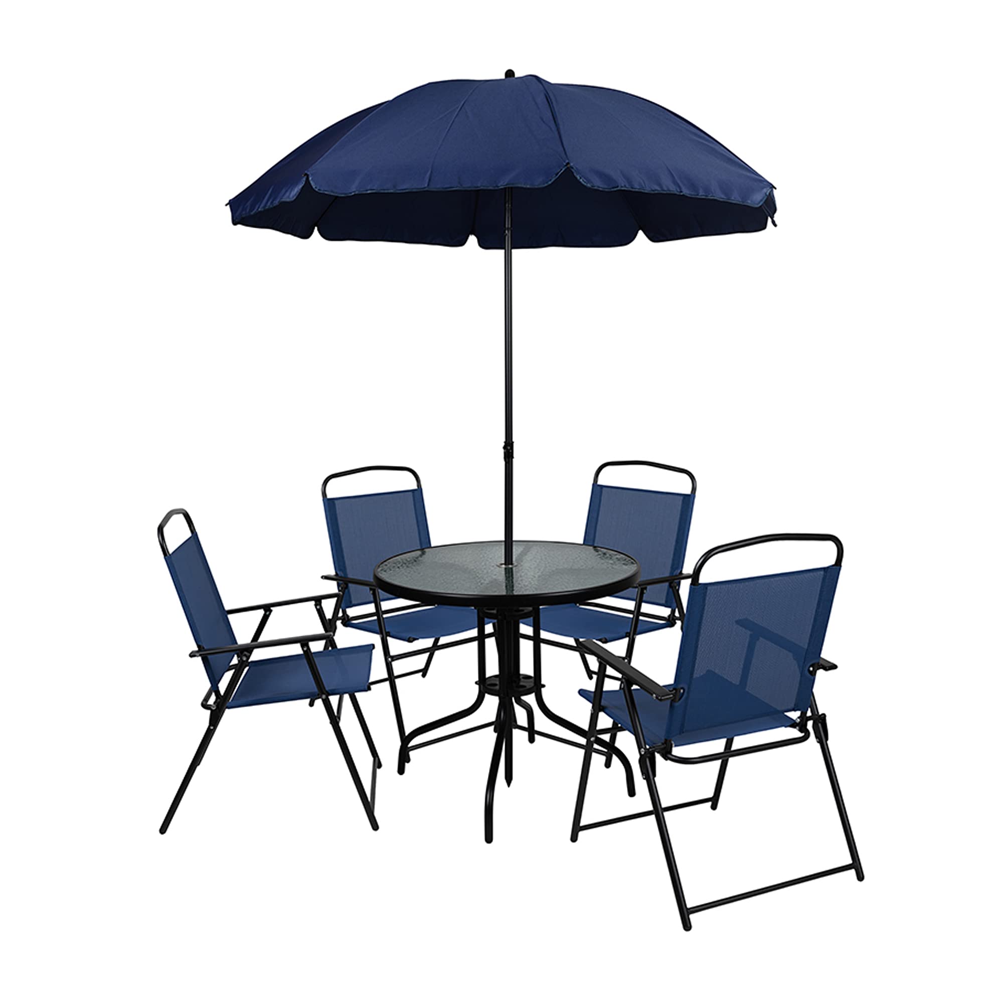 Flash FurnitureNantucket 6 Piece Patio Garden Table Set - Umbrella Table - Set of 4 Navy Folding Chairs