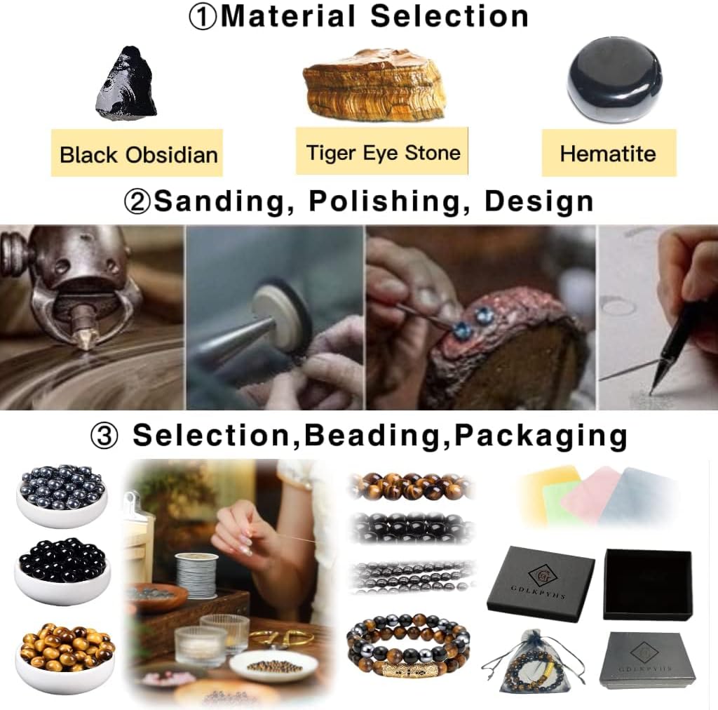 2Pcs Triple Protection Bracelet,Natural Tigers Eye Black Obsidian and Hematite 8 MM Beads Bracelet for Men Women Gift, Healing Crystal Bracelet Bring Luck and Prosperity and Happiness - Image 6