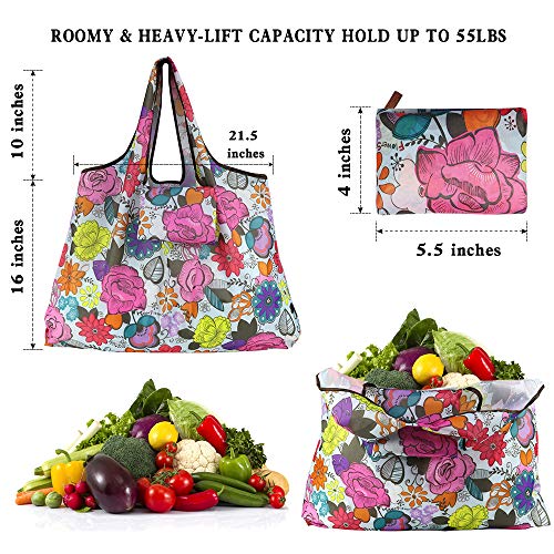 Ravmix 5-Pack Reusable Shopping Bags 55LBS XX-Large Foldable Washable Grocery Bags Heavy Duty Cloth Shopping Bags Tote Ripstop Fits in Pocket, Cute Cat Dog Owl Cactus Printing