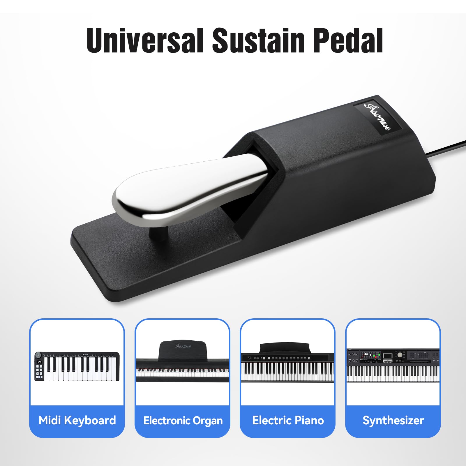 Asmuse Pédale de Sustain Supérieur pour Clavier Piano Universelle, Sustain Pédale Antidérapant Durable en Acier Inoxydable avec Interrupteur de Polarité