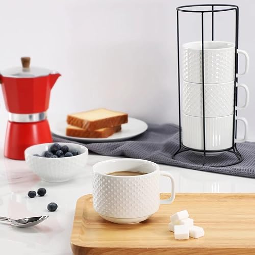 Miniatura 5 de Juego de 4 tazas de café apilables de porcelana con soporte de metal, 13 onzas, apilables, diferentes soportes para tazas de café en relieve para