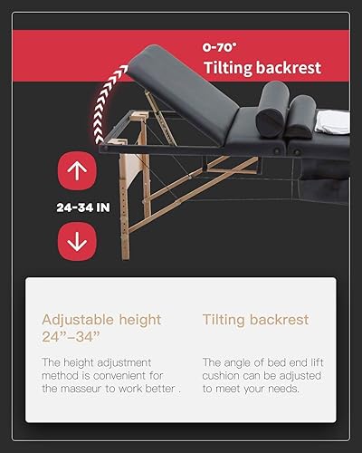 Miniatura 4 de FDW Cama de masaje portátil de 28 pulgadas de ancho, cama de pestañas 3 mesas de spa plegables de altura ajustable plegable con colgador de toalla,