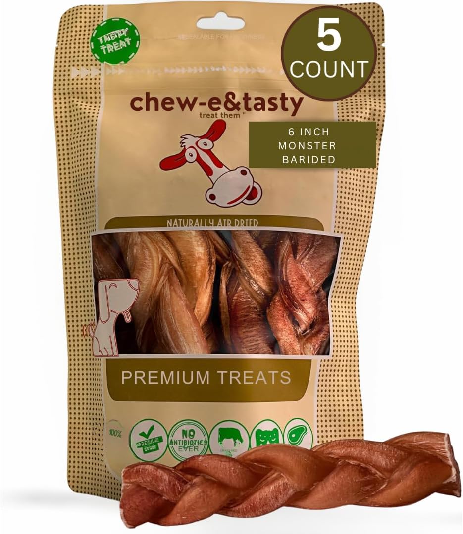 chew-e&tasty 6" Monster Braided Bully Sticks for Dogs (Pack of 5) - Long Lasting Beef Chews - Made of Digestible High Protein & Low Fat Dental Care Dog Bully Sticks for Medium to Large Breeds