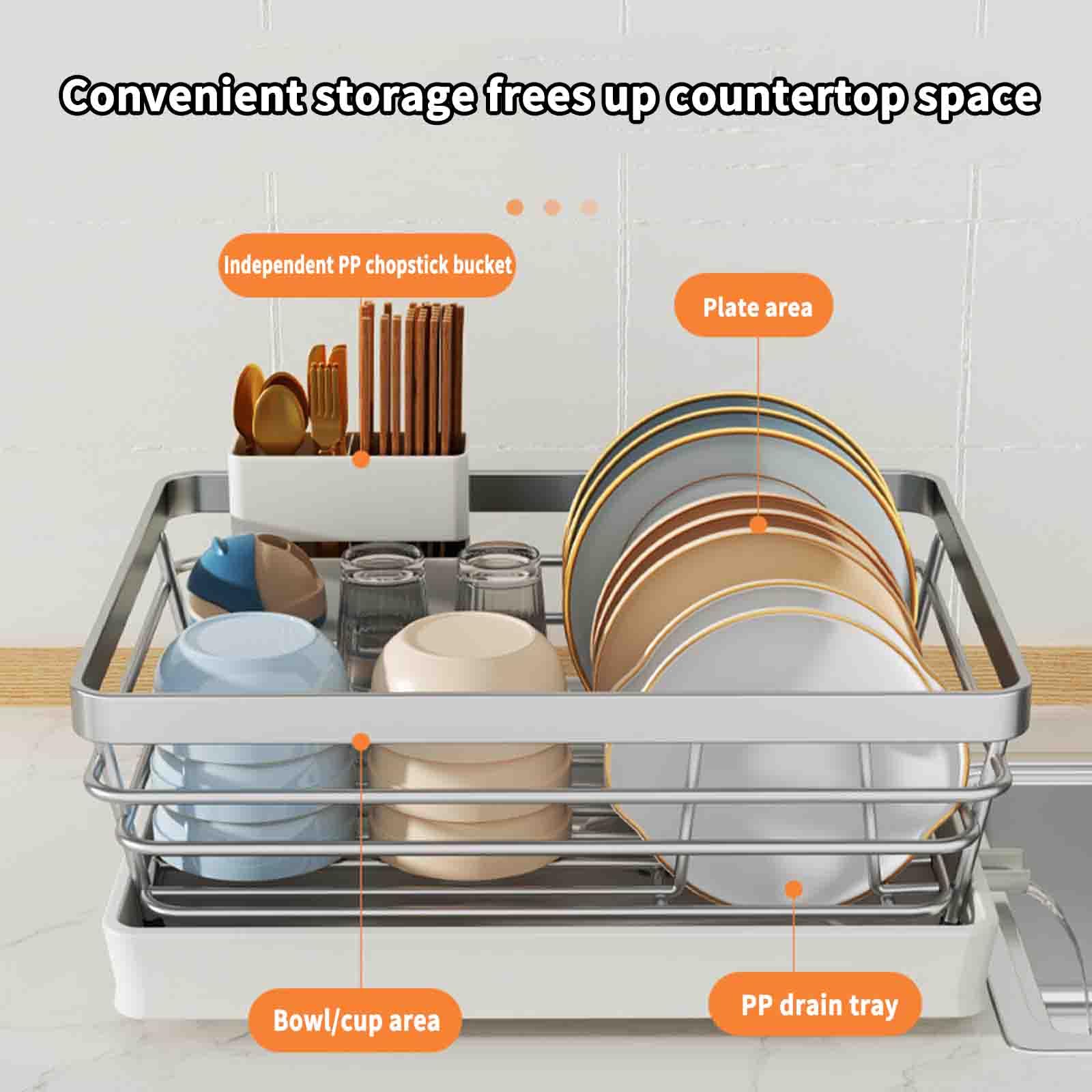 Escurridor de platos de acero inoxidable con bandeja de drenaje para fregadero de cactos, soporte automático para cubiertos de drenaje que ahorra espacio, accesorio de cocina para un fácil secado