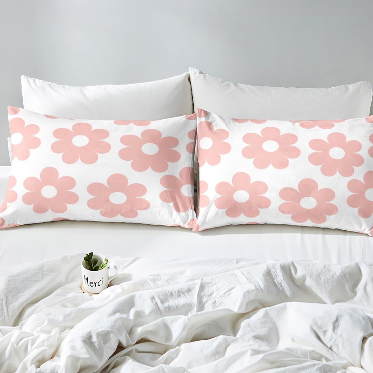 Manfei Girly Pink Bed Sheet Queen Set,70s Groovy Daisy Flowers Sheets Sets Boys Girls Bedroom Decor,Cute Cartoon Floral Bedding Set with Flat,Fitted Sheet,2 Pillow Cases