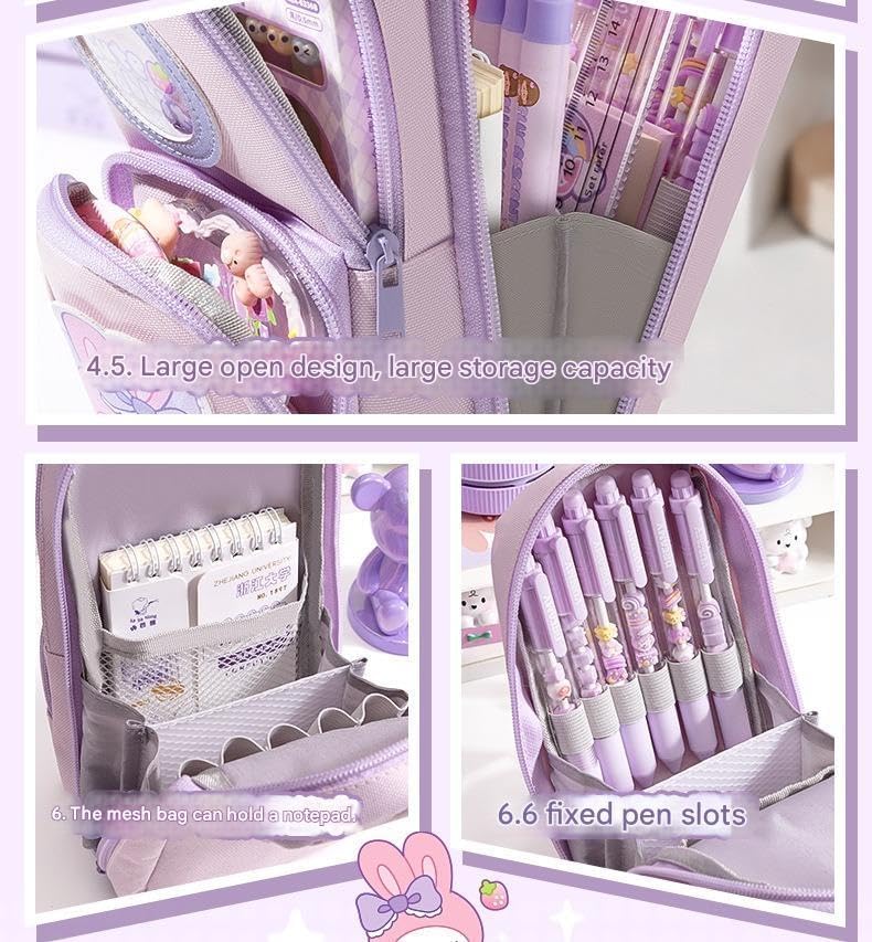 Image of Three Layer School Bag-Shaped Pencil Pouch, Large-Capacity Pencil Pouch with Zipper, Multipurpose Pen & Pencil Case for School Supplies for Boys & Girls (Pack of 1) (Creamy Bear)