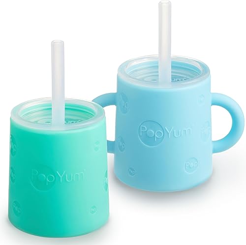 Miniatura 11 de PopYum Vaso de entrenamiento de silicona con tapa con pajilla, paquete de 2 para bebé, bebé y niño pequeño, vaso, sorbo, asas, 5 onzas (morado,