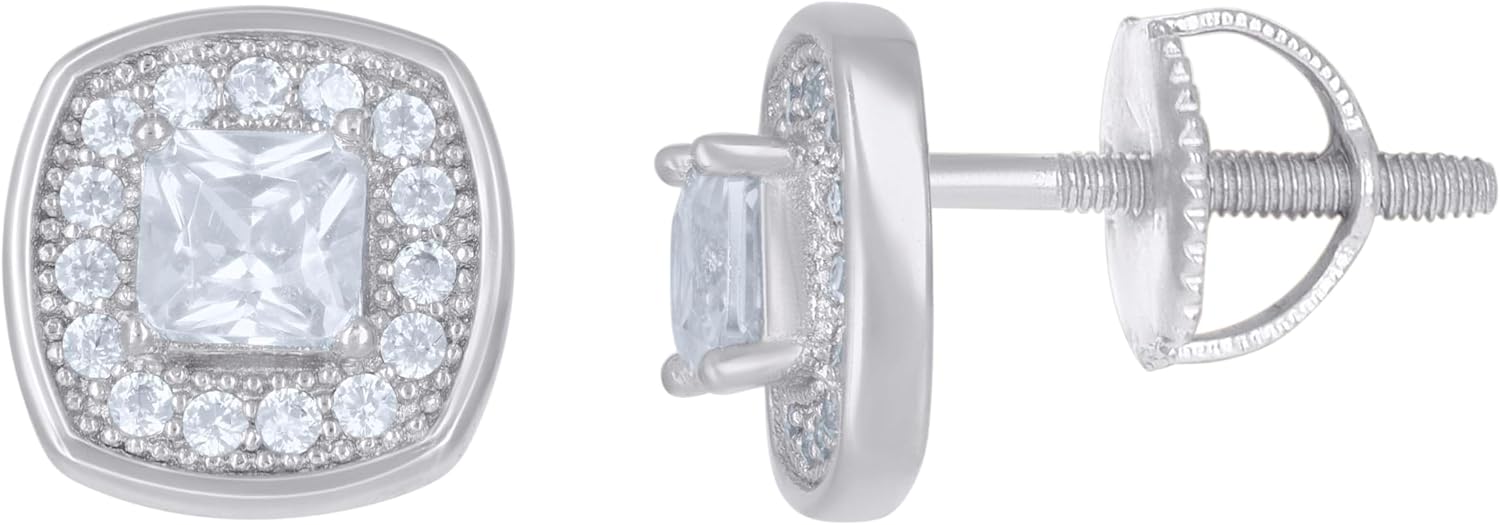 Sterling Silver Or Yellow-Tone Mens Princess-Cut Round Cubic-Zirconia Square Stud Earrings
