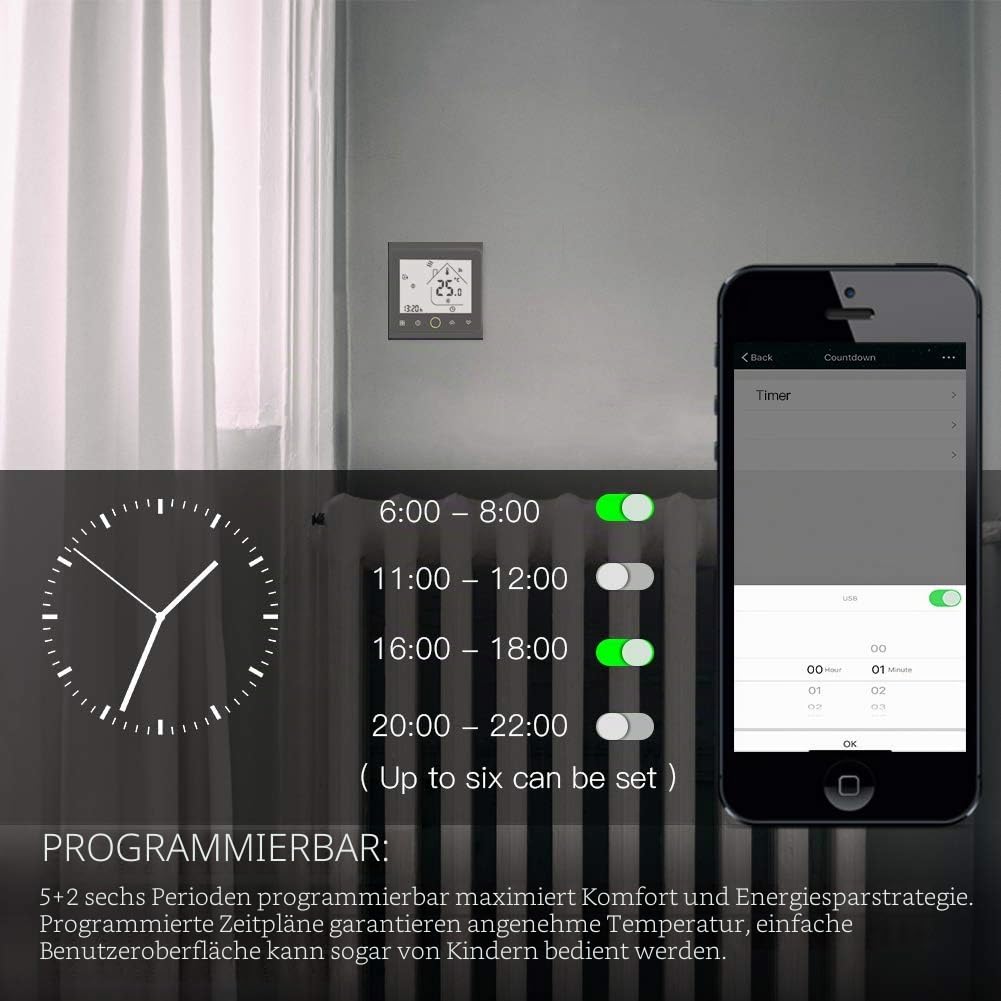 MOES Smart Thermostat WLAN Temperaturregler Smart Life/Tuya APP Fernbedienung für elektrische Heizung，Kompatibel mit Alexa Google Home 16A(Schwarz) | 16A Temperaturregler, Fernbedienung über Smart Life/Tuya App, Alexa/Google kompatibel
