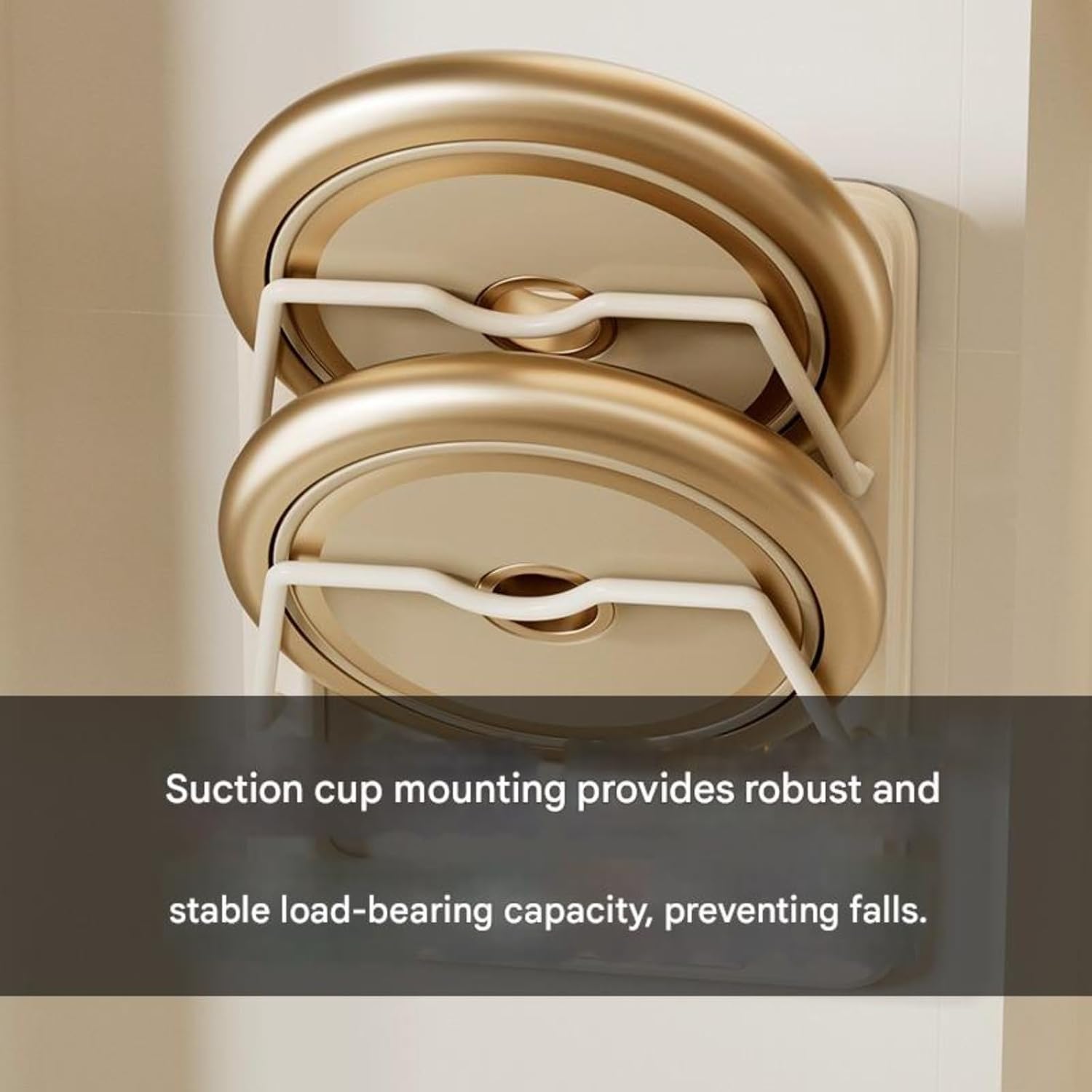 Suction Cup Pot Lid Rack, Wall Mounted Kitchen Organizer for Pot Lids, Cutting Boards and Pans, Double-Layer Storage Shelf, No-Drill Suction Installation, Space Saving Kitchen Rack (white)