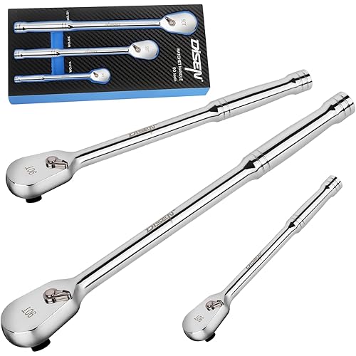 DISEN 3PCS Long Drive Ratchet Handle,1/2'',1/4'',3/8'' 90 Tooth Ratchet Wrench with Dust Proof Teardrop Enclosed Head, Reversible, CR-V Steel Made, CR-MO Head, Full Polished, Gifts for Men