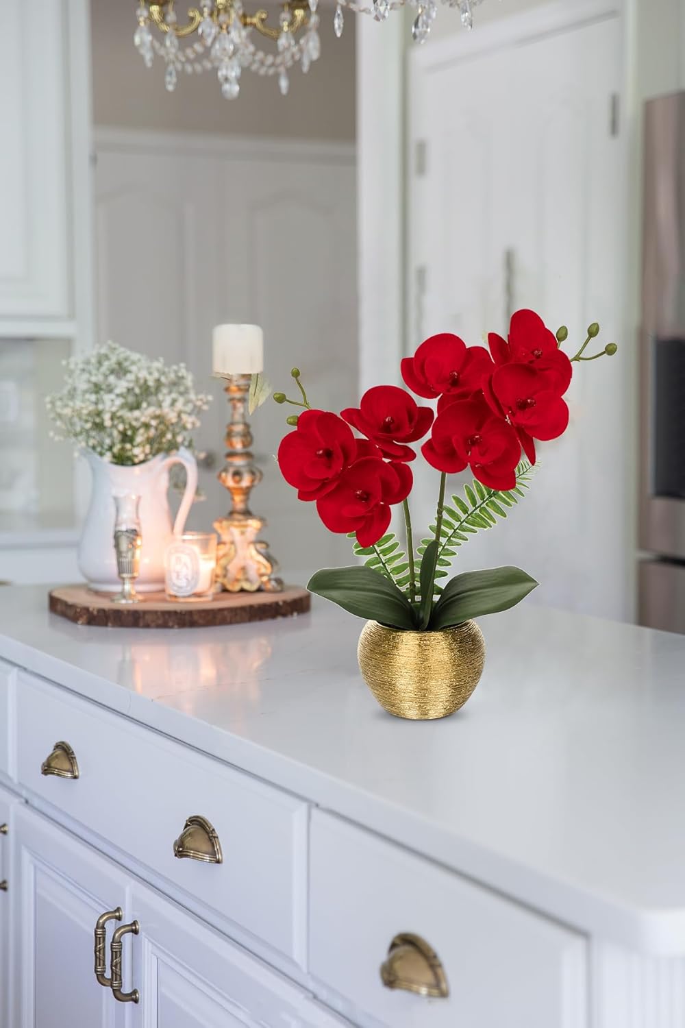Briful Orchid Fake Flowers 13'' Red Silk Orchid Artificial Flowers with Gold Pot Small Faux Orchid Arrangement for Home Office Dining Room Table Centerpiece Shelf Decor - Image 5
