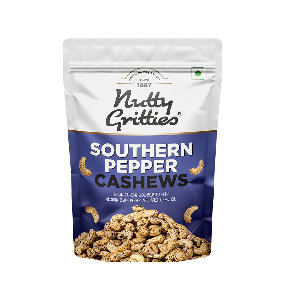 Nutty Gritties Premium Jumbo Size Southern Pepper Cashew Nuts 200g, Natural Flavoured Whole Cashew | W240 | Zero Breakage | Resealable Pouch