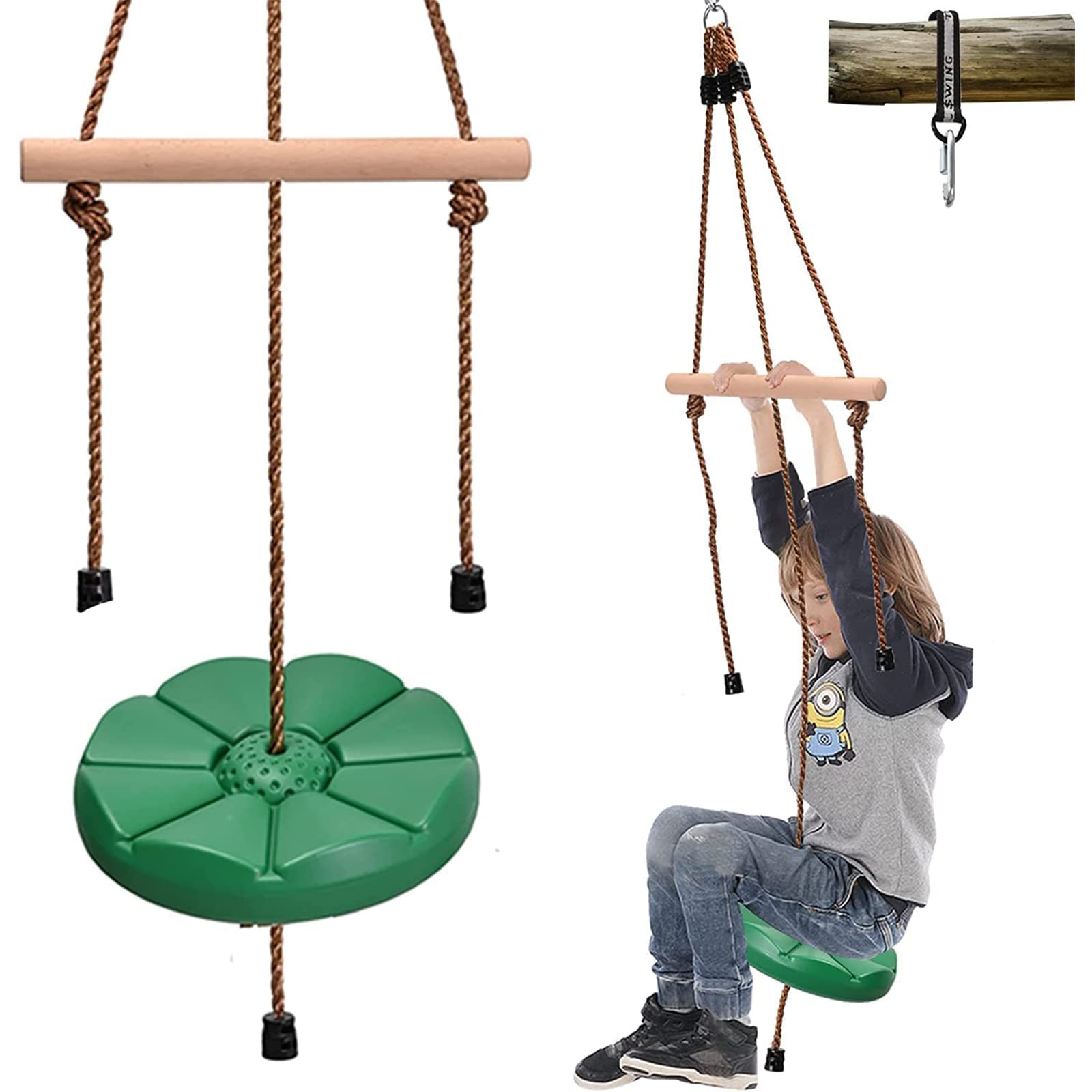 Disc Swing for Kids, TOPIND Tree Swing for Backyard Set Accessories with Monkey Bar,5ft/152cm Climbing Rope,22in/56cm Strap and Carabiners Can Bear 330Ibs for Swing Set for Outdoor/Indoor (Dark green)