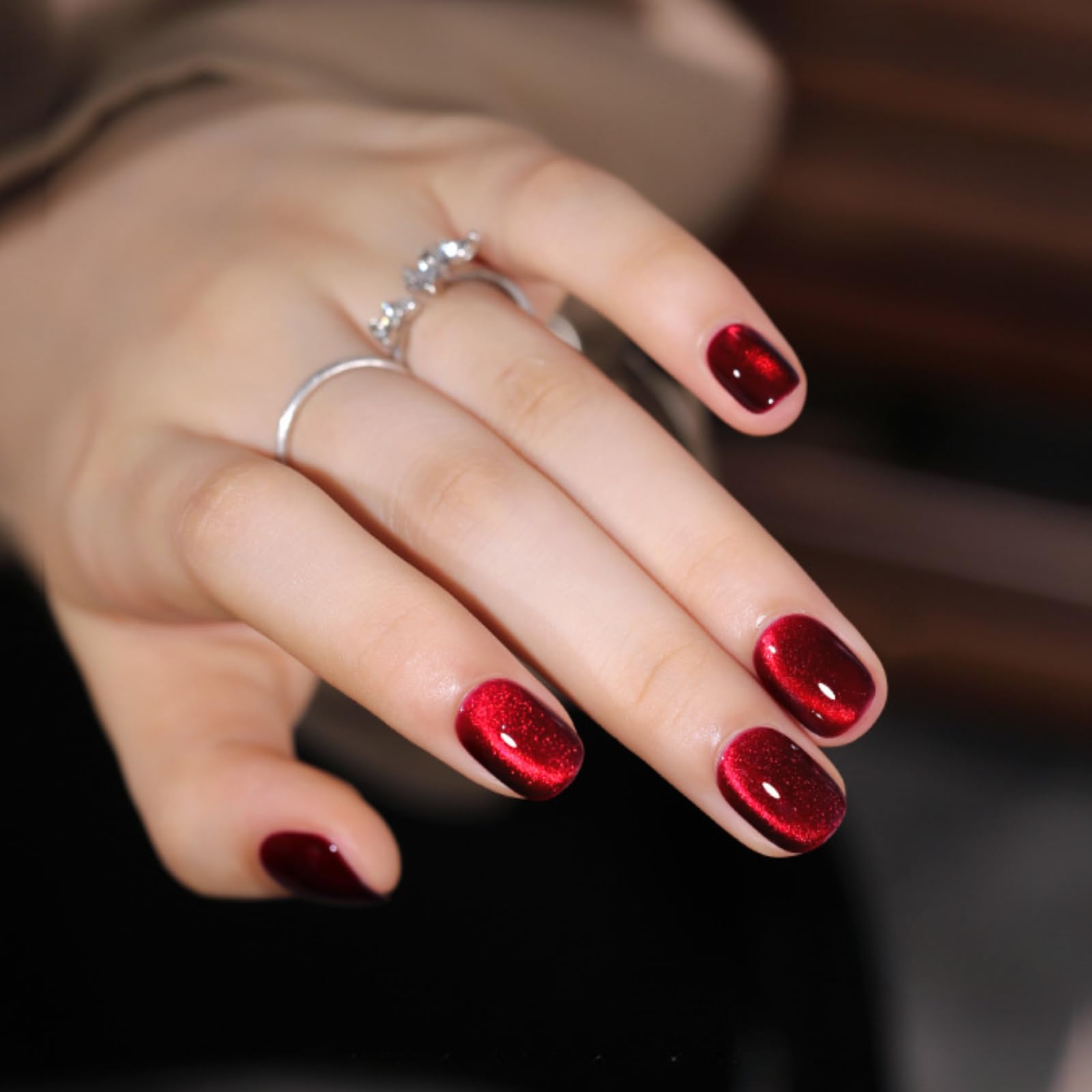 Cat Eye Press on Nails Short Coffin Shape,24PC Ruby Red Cat Eye False Nails with Acrylic Nails Texture,Easy Application Sparkly Glitter Nail Press-On for Women,Reusable Fake Nails(Ruby Red)