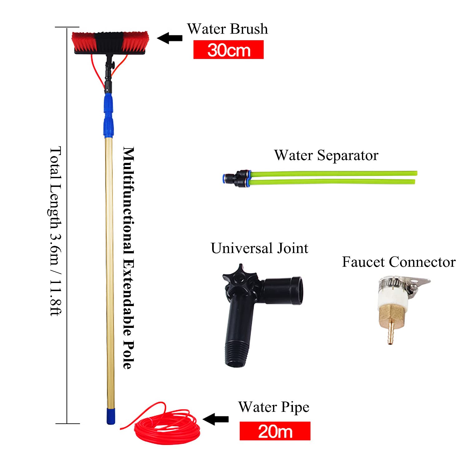 Kit de Cepillo Giratorio Extensible de 3,6 m (11,8 pies) para Limpieza Solar. Limpiador portátil de Ventanas y Piscinas para un Uso eficiente en Interiores y Exteriores panele
