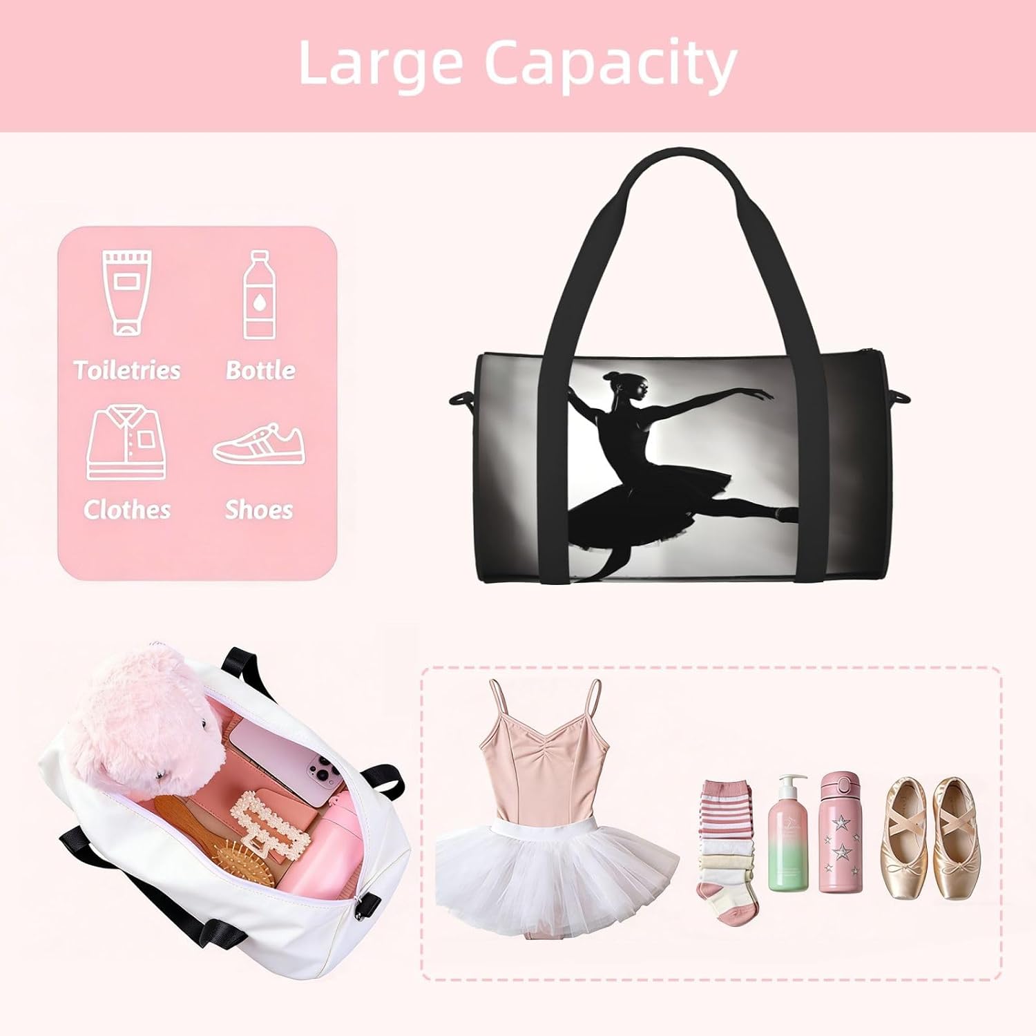 Ballerina Dance Print Sports Tote Bag Lightweight Water-Resistant Gym Backpack Travel Supplies