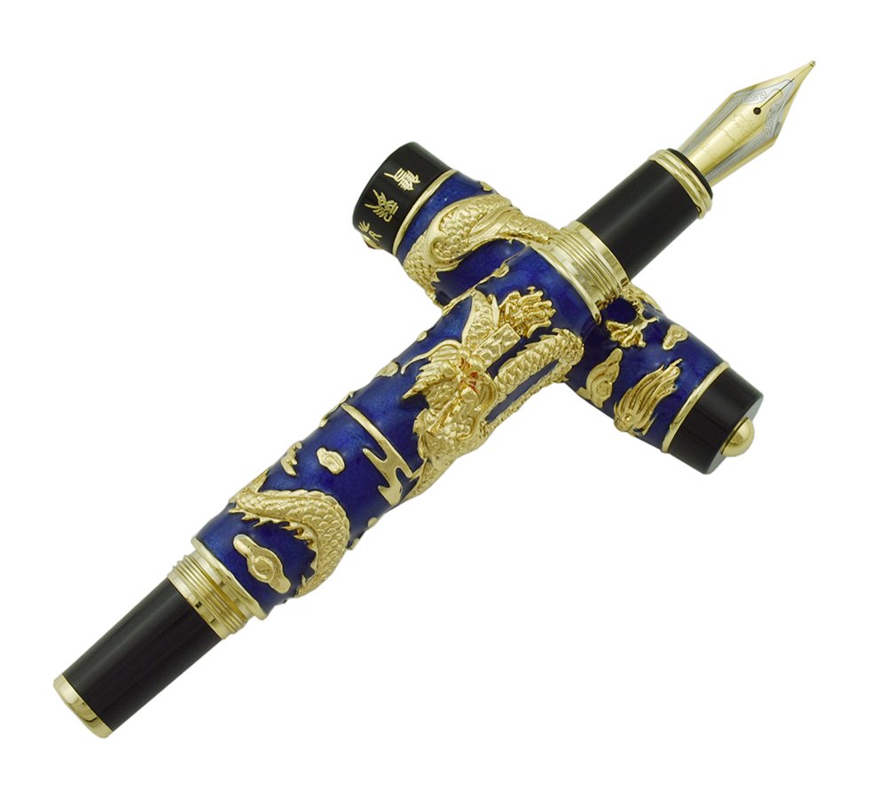 Jinhao Stylo plume double dragon à pointe moyenne avec convertisseur de recharges d'encre, bleu cloisonné