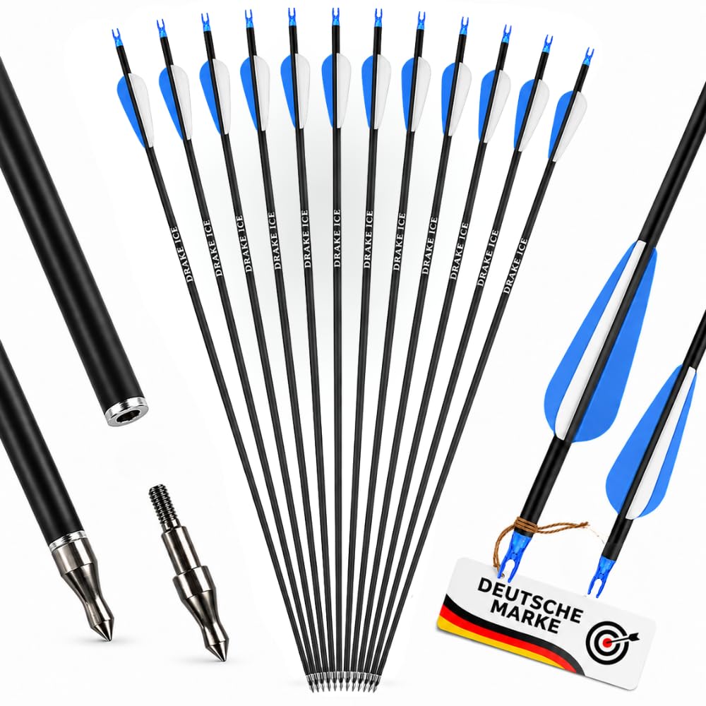 Drake Ice Carbon-Hybrid Pfeile 12 Stück – 28/30/32 Zoll – Komplettpfeile für Recurvebogen, Compoundbogen, Sportbogen – Bogen Pfeile für Bogenschießen – Trainingspfeile Jagdpfeile Outdoor