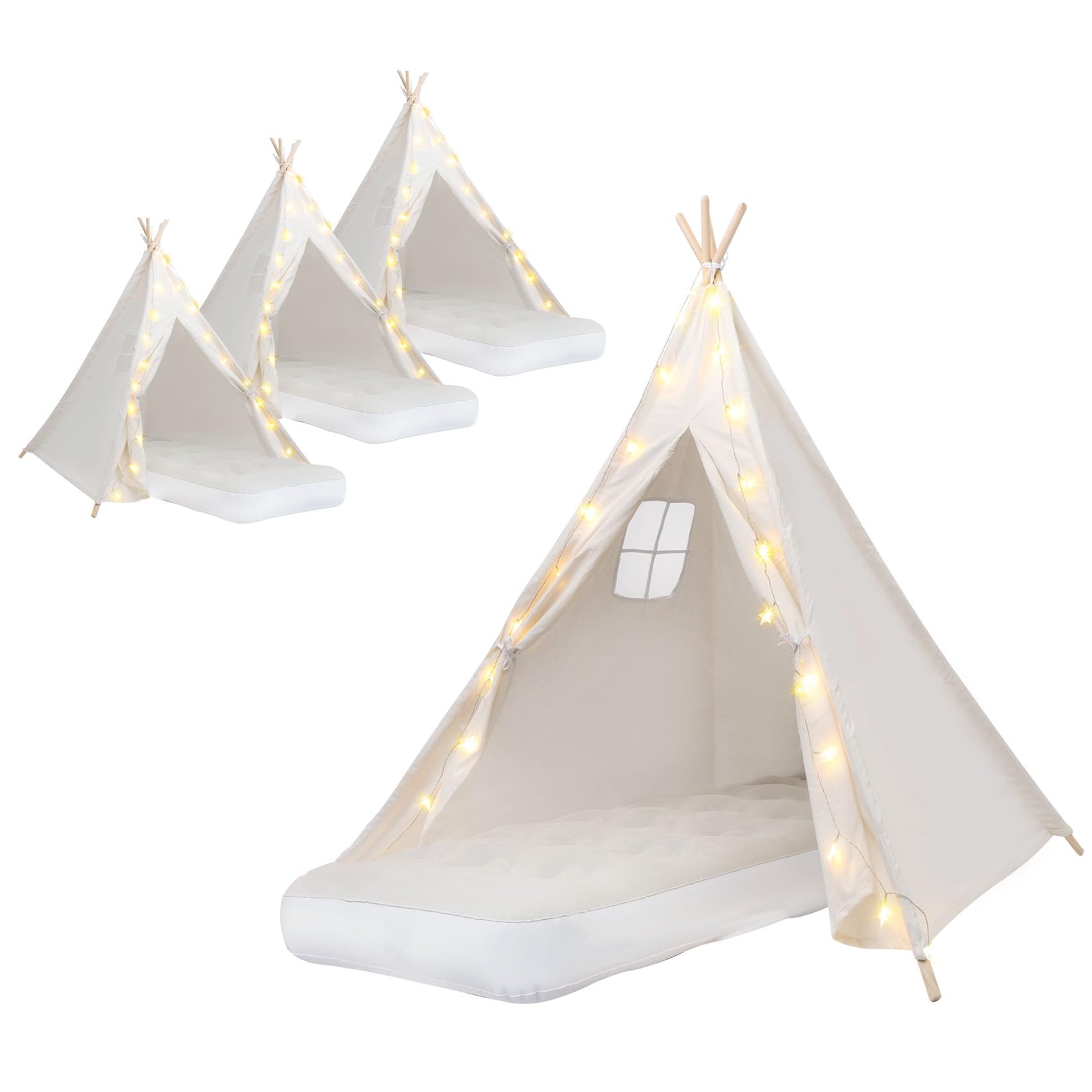 4 pack teepee tent for kids [thickened] with light string and inflatable airbed, slumber party tents, sleepover tents party for girls boys indoor outdoor (white)