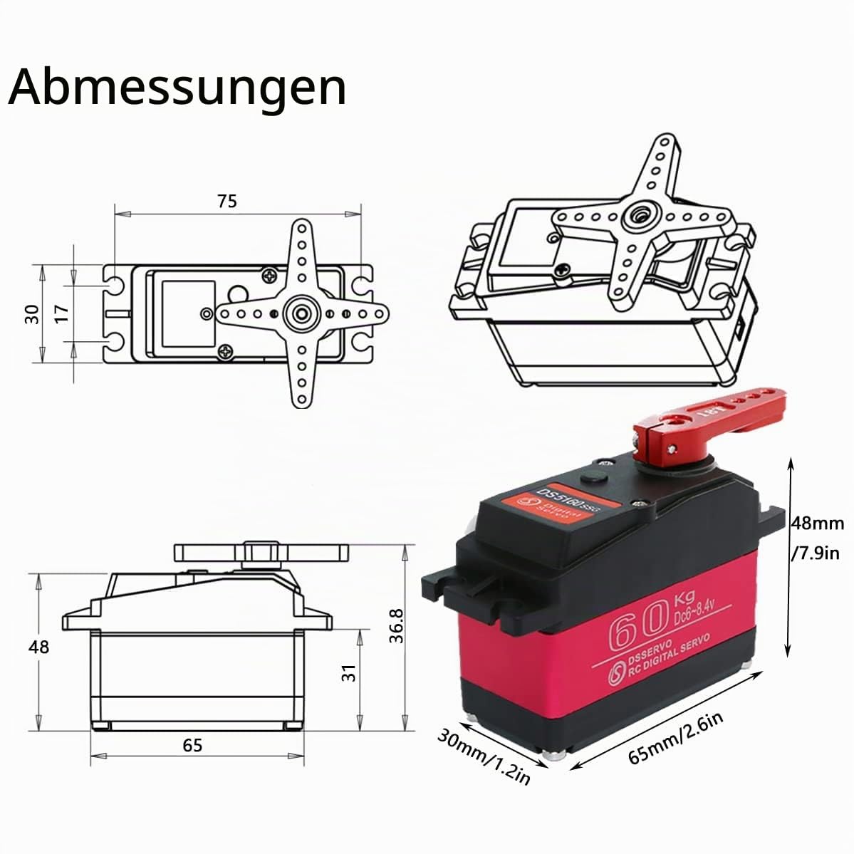 DS5160SSG 60 kg Servo RC Digital-Servo DC6-8,4 V Metallgetriebe großes Drehmoment, hohe Geschwindigkeit, IP67 wasserdicht, Servo 270 Grad mit 18T Aluminium-Servoarm für Crawler, Baja, Autos
