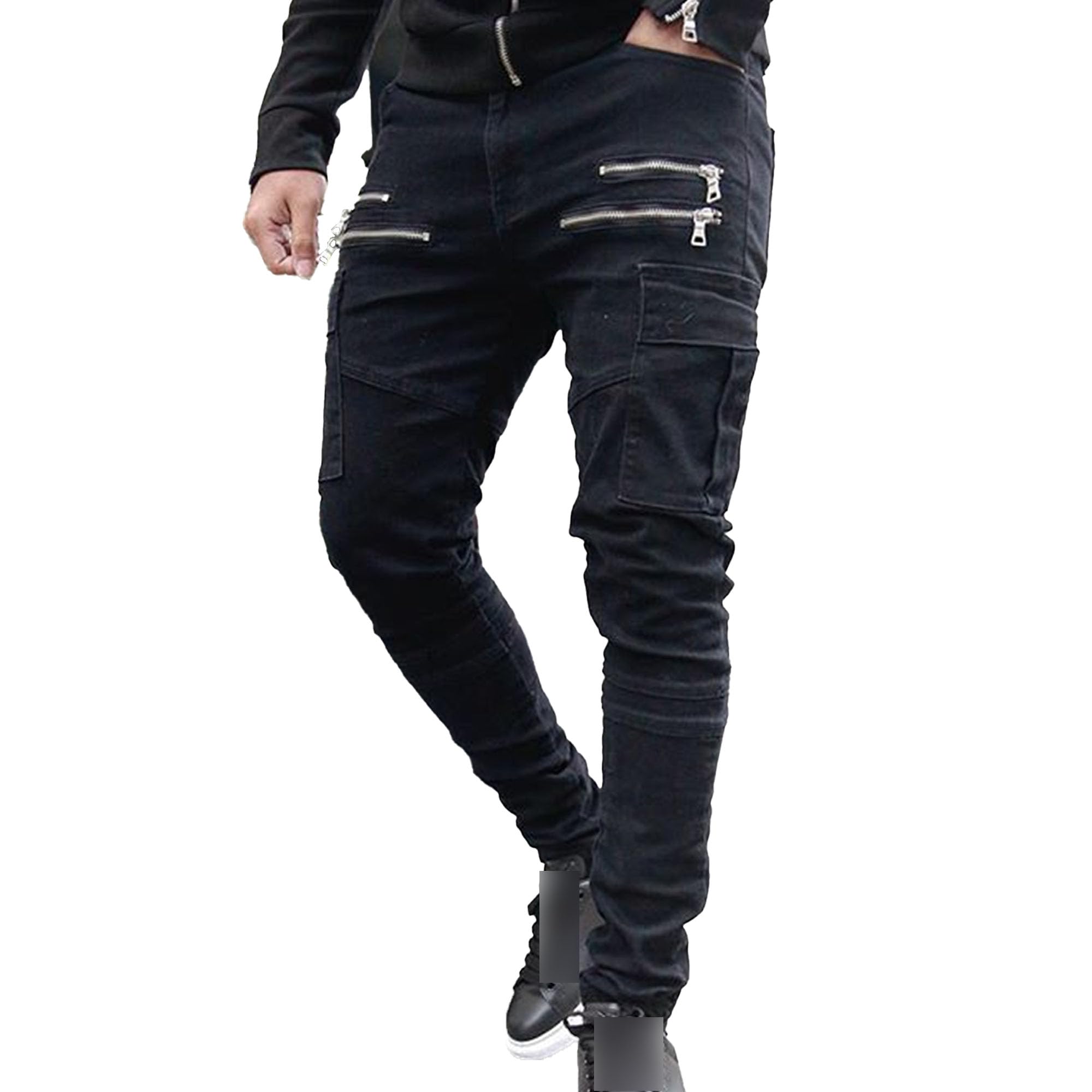 Maiyifu-GJ Men's Multi-Pocket Zipper Slim Overalls Body-Building Sweat-Absorbing Sweatpants Cotton Breathable Casual Pants (Black,Large)