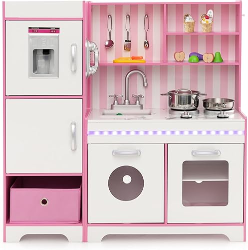 HONEY JOY Juego de cocina para niños con luces, juego de cocina de juguete de chef de madera con contenedor de almacenamiento, máquina de hielo,