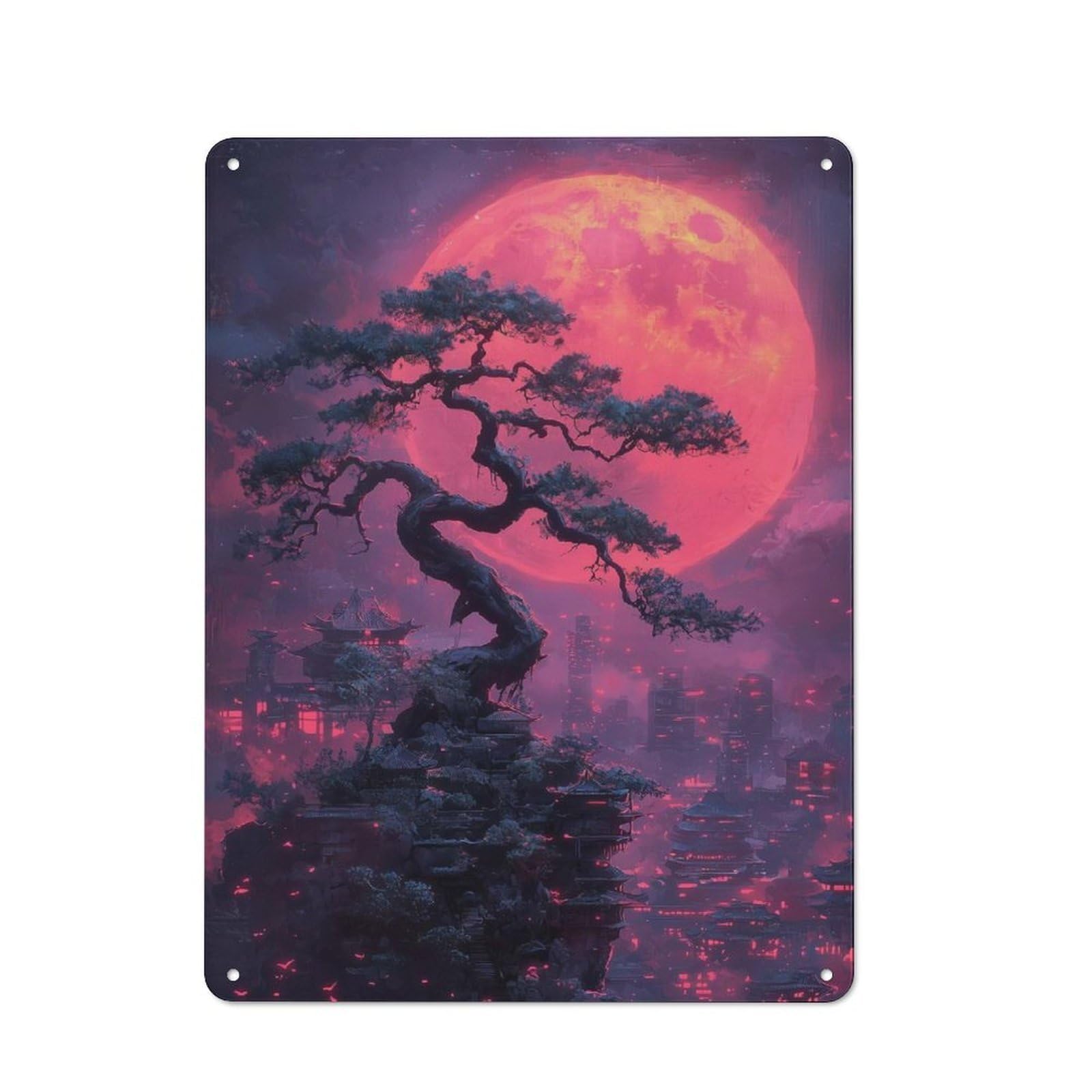 Junmoney Style-19 Rustic Metal Wall Sign 40X30cm Featuring Red Moon Bonsai Cityscape For Garage Wall, Tin Sign Wall Decor For Garages And Workshops