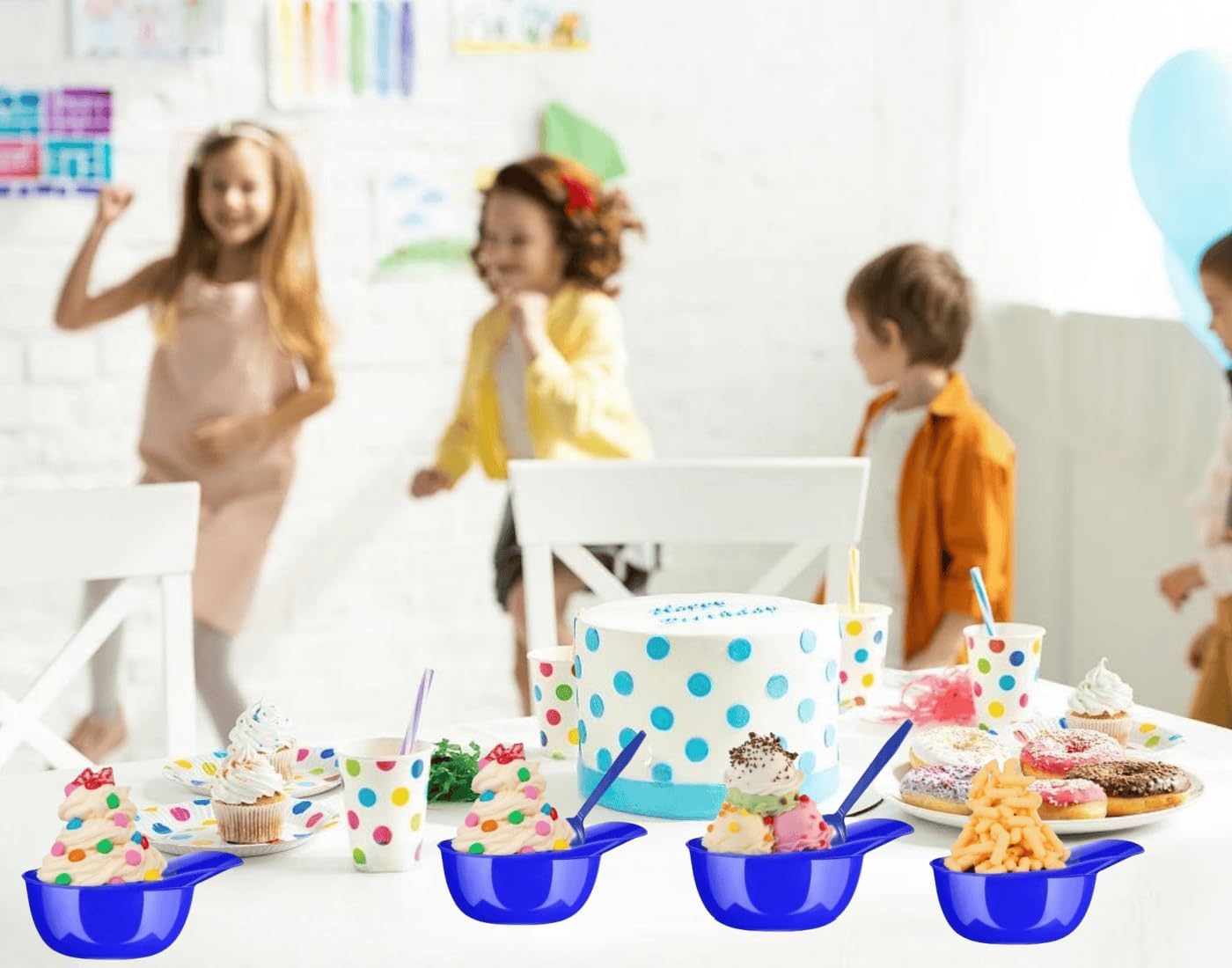 Baseball Helmet Ice Cream Bowls with Spoon,12 Pack Reusable Cap Cups Snack Dessert for Sports Party Supplies,Birthday Party (Blue)