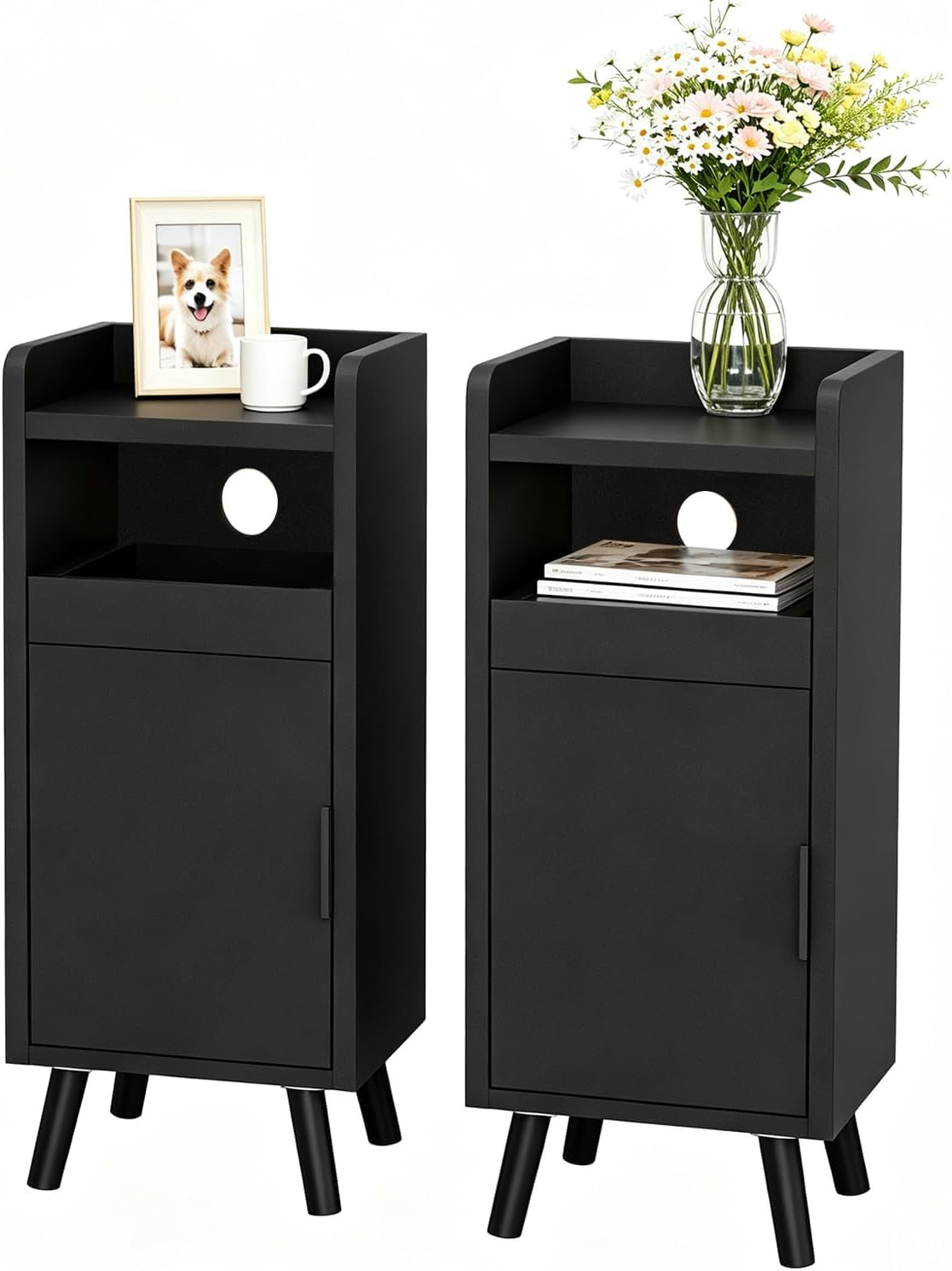 Slim Bedside Tables Set of 2, 25cm Narrow Bedside Tables with Cable Management Hole, Small Bedside Cabinet Wooden with Drawers, Thin Nightstand for Bedroom, Living Room, 25x 30 x 61 cm (Black) — image 1