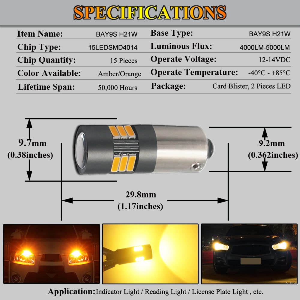 BAY9S H21W Lampadine LED Ambra 12 V-24 V 15LED-SMD4014 Estremamente luminose con proiettore per luci laterali di backup per auto luci interne a cupola, confezione da 2