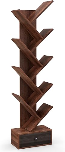 Miniatura 9 de Giantex Estantería de árbol de 10 niveles con cajón, estantería de madera independiente de 59 pulgadas, estante de almacenamiento de madera retro,
