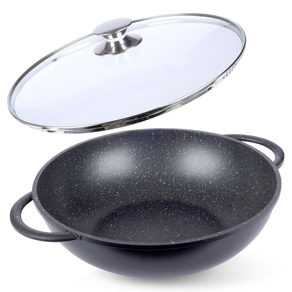 orion group Grande patelnia wok 32 cm ze szklaną pokrywką, powłoka granitowa, nieprzywierająca, indukcyjna, nadaje się do mycia w zmywarce, nie zawiera PFOA, do wszystkich rodzajów kuchenek, czarna