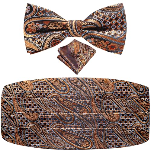 Image of Dubulle Mens Cummerbund and Bow Tie Set Paisley Floral Pretied Bowties for Men Pocket Square Cufflinks Wedding Business