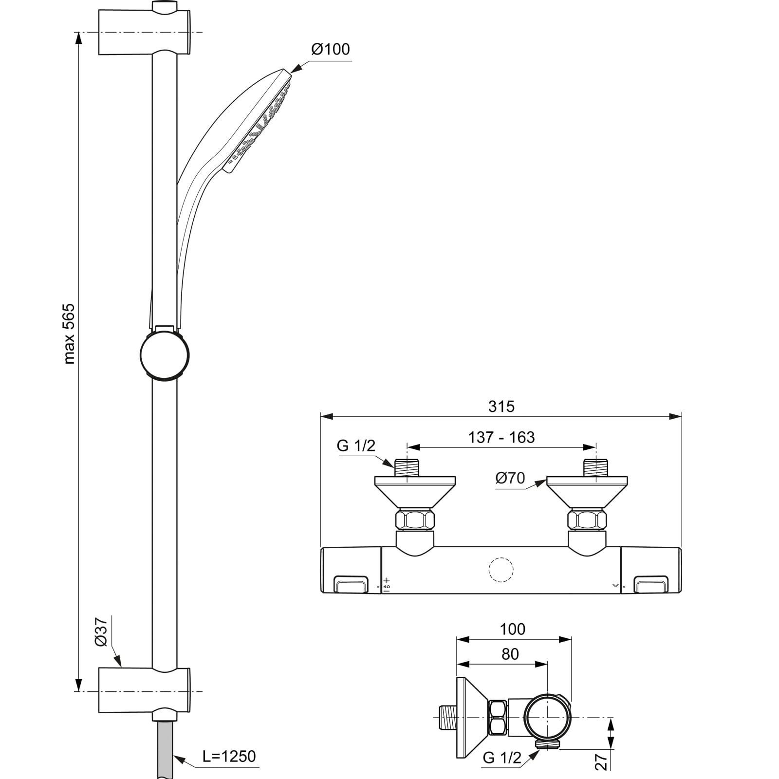 Ideal Standard A7203AA Ceratherm T25 Ensemble de douche en saillie
