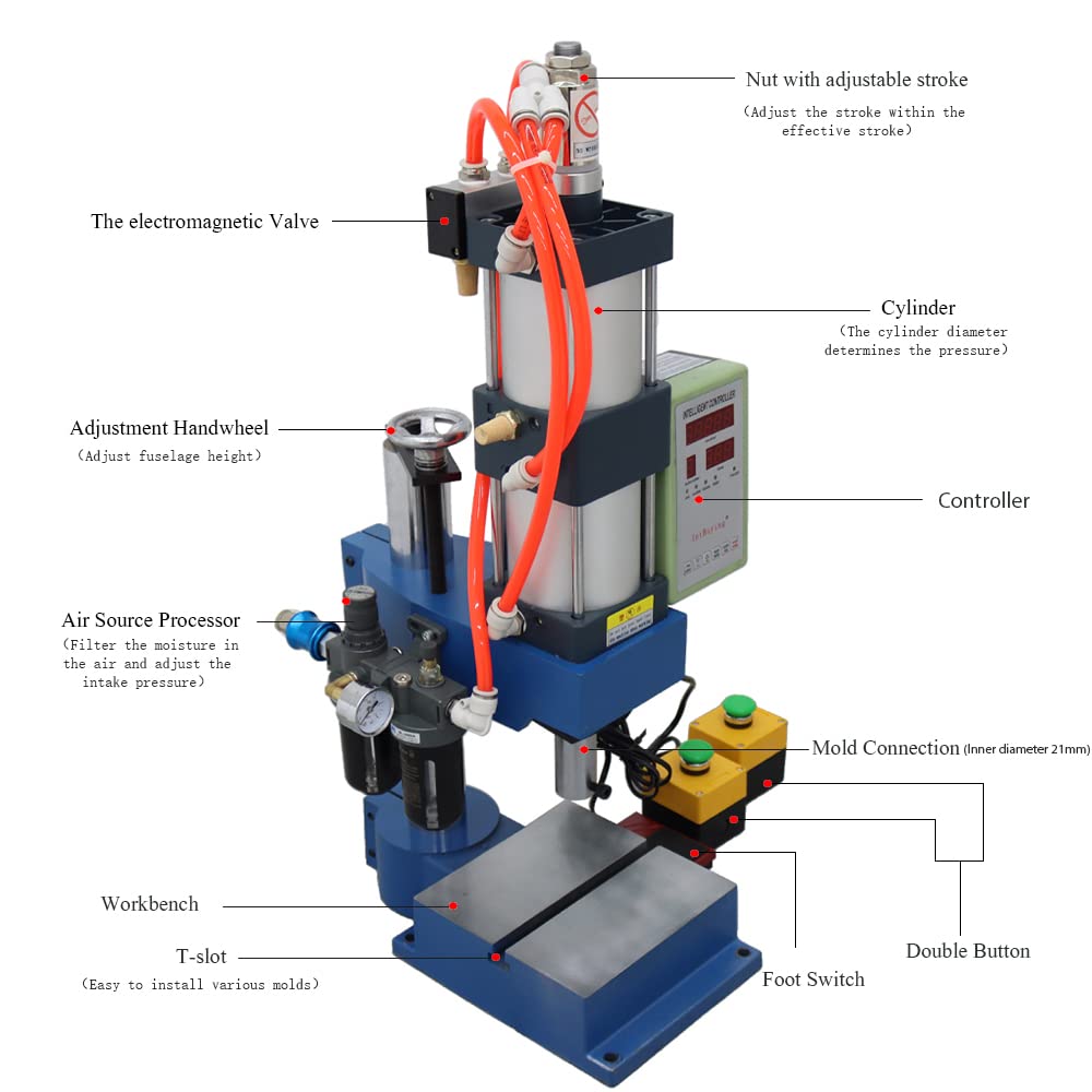 Pneumatic Punch Press Machine with Display Controller Adjustable Cylinder Stroke for Sheet Metal Desktop Punching Press Machine 2 Buttons (1T/2204LB Pressure) 110V
