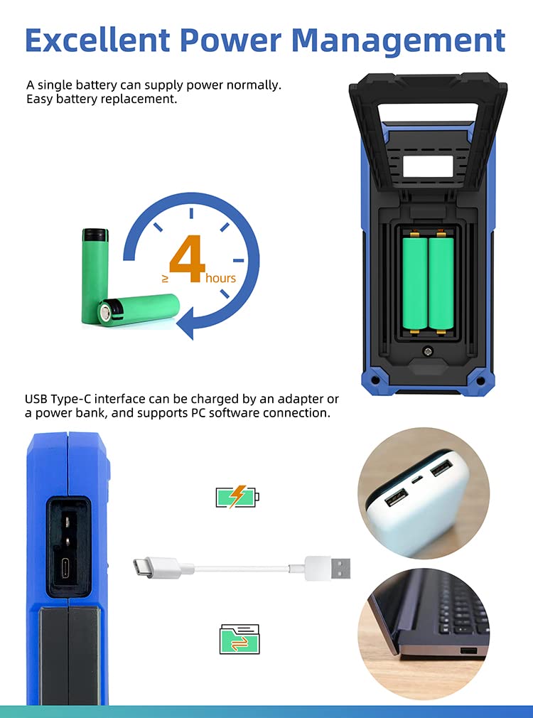 Жакын план views of the OWON HDS2202S display, oscilloscope input, calibration signal/USB-C, and multimeter input connectors.