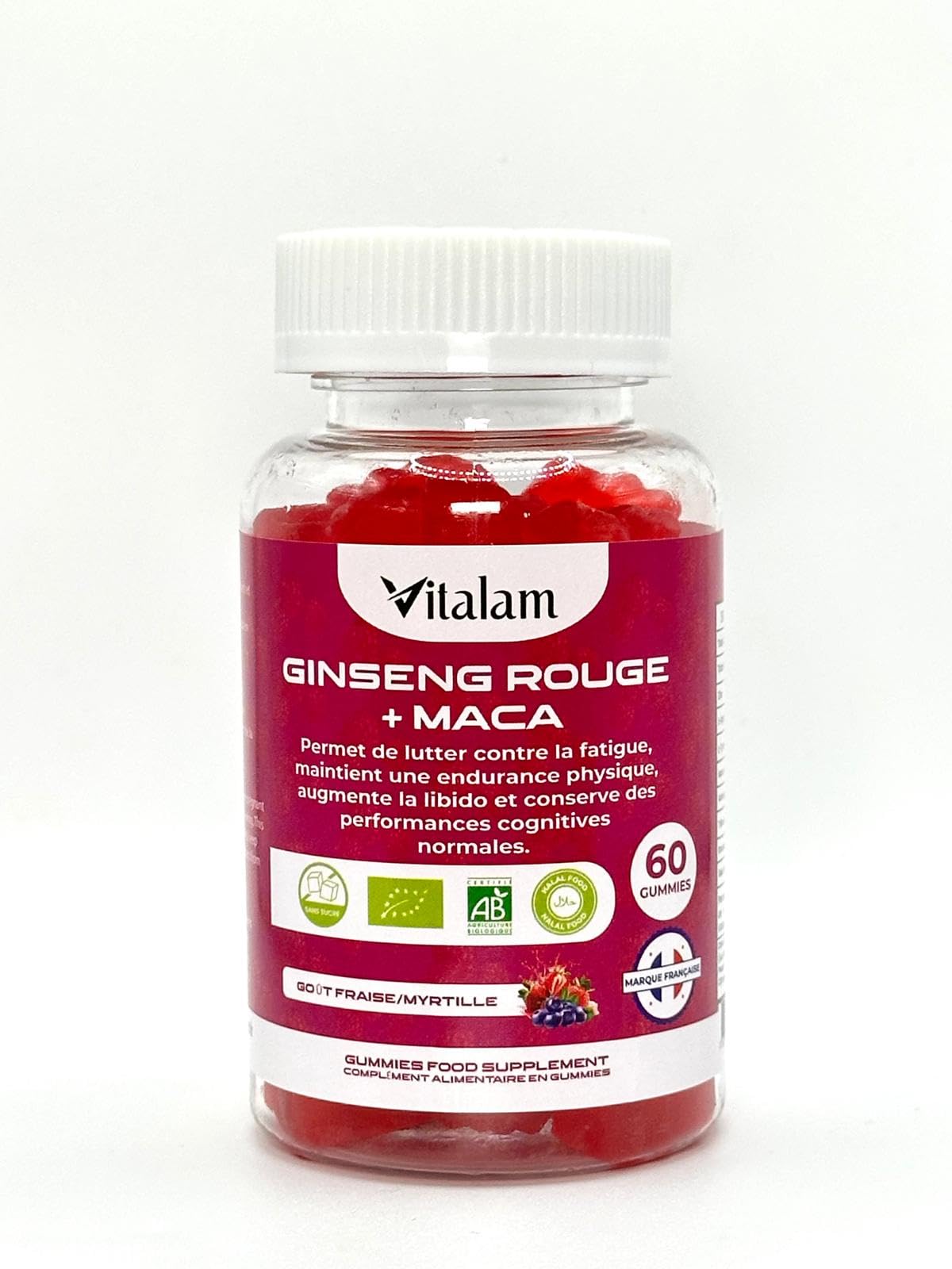 Gummies Ginseng Rouge avec de la Maca jaune BIO de Corée | Viagra homme naturel, Vitamine b12, Energie, Force, Augmente le désir et les performances, 60 gummies, Goût Fraise