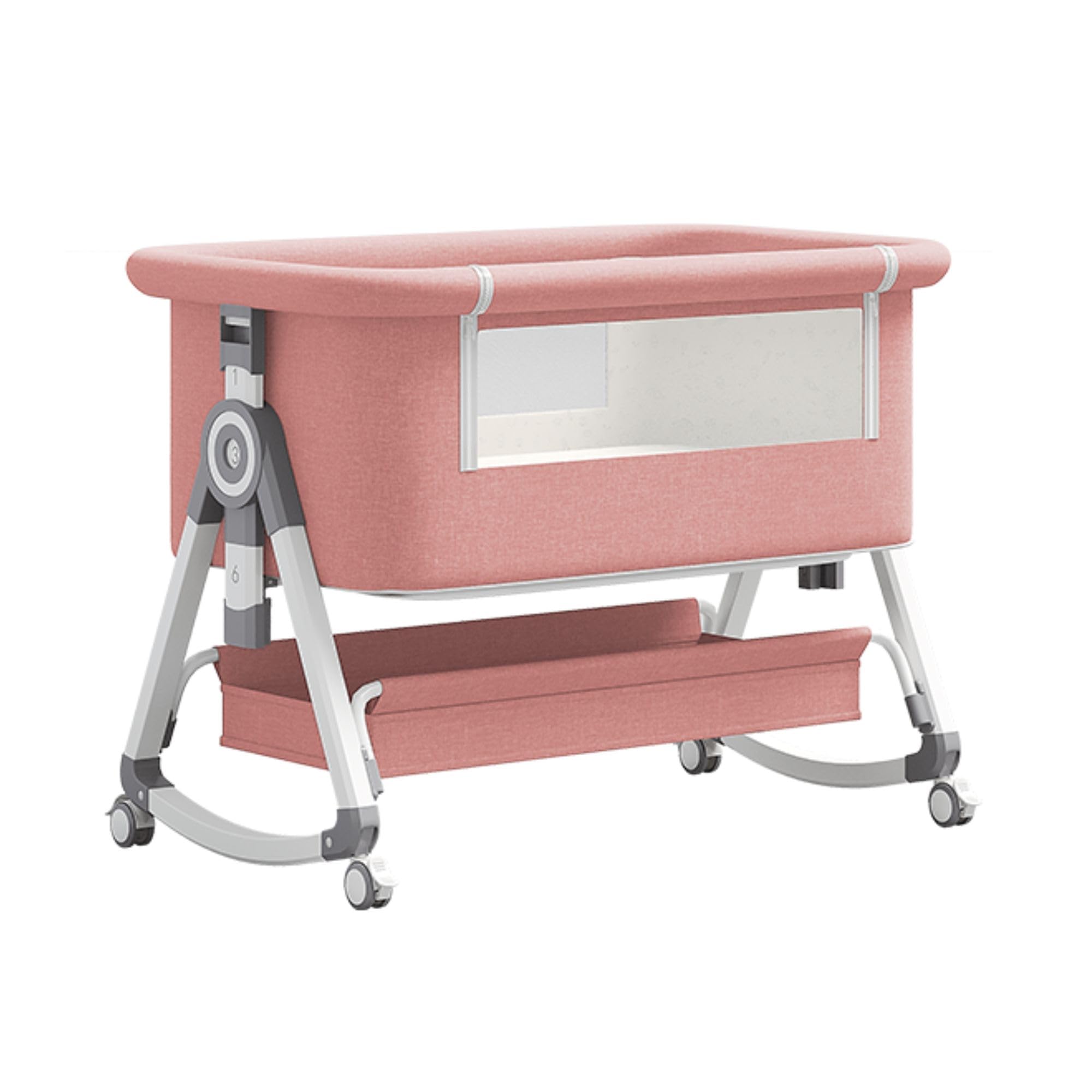 GLOKID 3in1 Baby Beistellbett Reisebett, Babybetten, Mit Rollen, Sechs Ebenen Stufen Höhenverstellung, Wiege, Höhenverstellug und Einstellung der Neigung der Matratze (Rosa)
