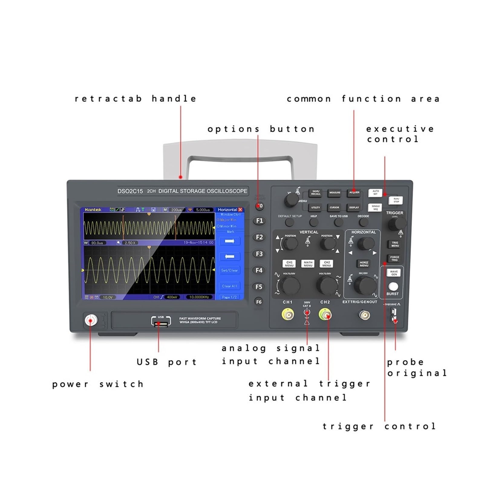 Osciloscopio digital, Osciloscopio digital 2C15 2D10 2D15 2 canales 100Mhz/150Mhz Almacenamiento USB Multímetro portátil Tester(DSO2C15)