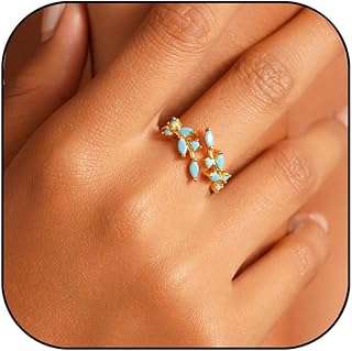 Boho Turquoise Rings for Women 14k Gold Plated Non Tarnish Adjustable Open Leaf Wrap