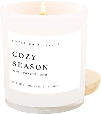Sweet Water Decor Cozy Season Soy Candles - Fall Candles with Woods, Warm Spice, and Citrus Scent for Home Decor - Soy Candle with 50 Hours Burn Time - 11Oz Wood Lid White Jar Candles Fall Scents