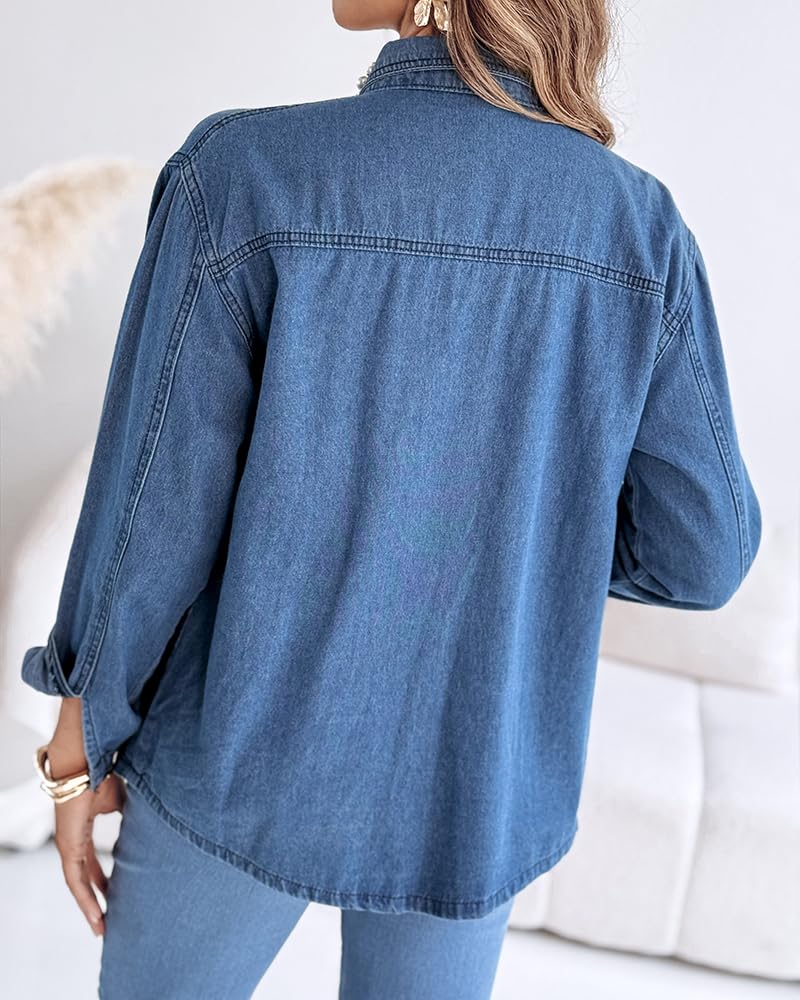 Camicia di Jeans da Donna con Perle e Strass | Camicia di Jeans Casual a Maniche Lunghe con Colletto e Bottoni | Abbigliamento Autunnale Casual e Leggero