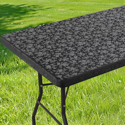 Image of Smiry Heavy Duty Vinyl Fitted Tablecloths for 5 Foot Rectangle Tables | Elastic Waterproof Fitted Tablecloths, Wipeable Washable Table Cover for Kitchen, Dining, Camping (Black, 30 inch x 60 inch)