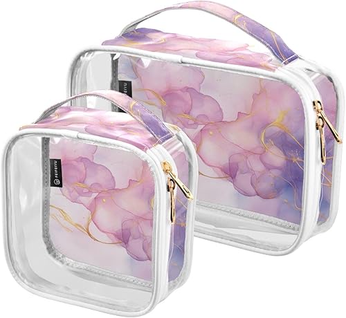 Watercolor Pink Purple Marble Clear Toiletry Bag for Traveling,2 Pack Makeup Cosmetic Bag with Zipper,Travel Bag for Toiletries,Travel Essentials