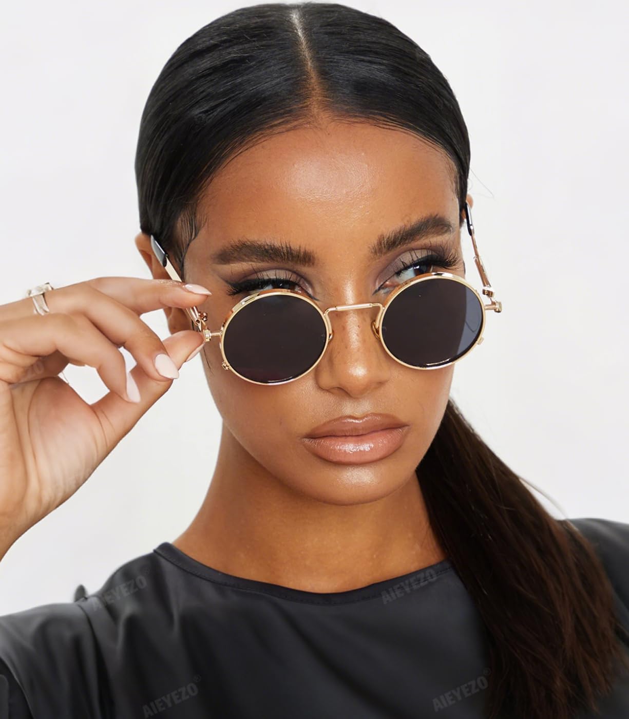 AIEYEZO Round Steampunk Sunglasses Trendy Retro Circle Glasses Gothic Metal Frame 100% UV Blocking Lens - Image 3