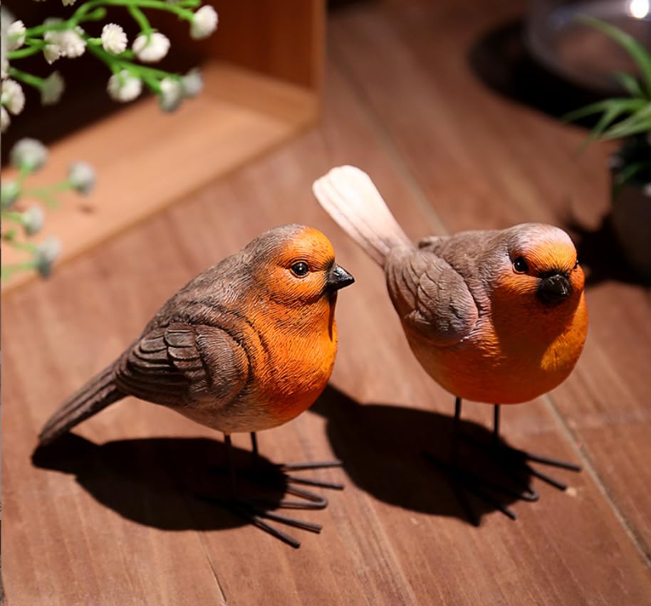 Figuras decorativas de metal manuales de 2 pájaros robin miniatura 3