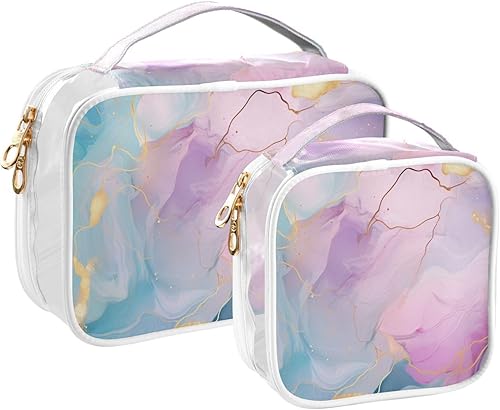 Bolsa de aseo transparente de mármol azul rosa morado para viajes, paquete de 2 bolsas de cosméticos de maquillaje con cremallera, bolsa de viaje