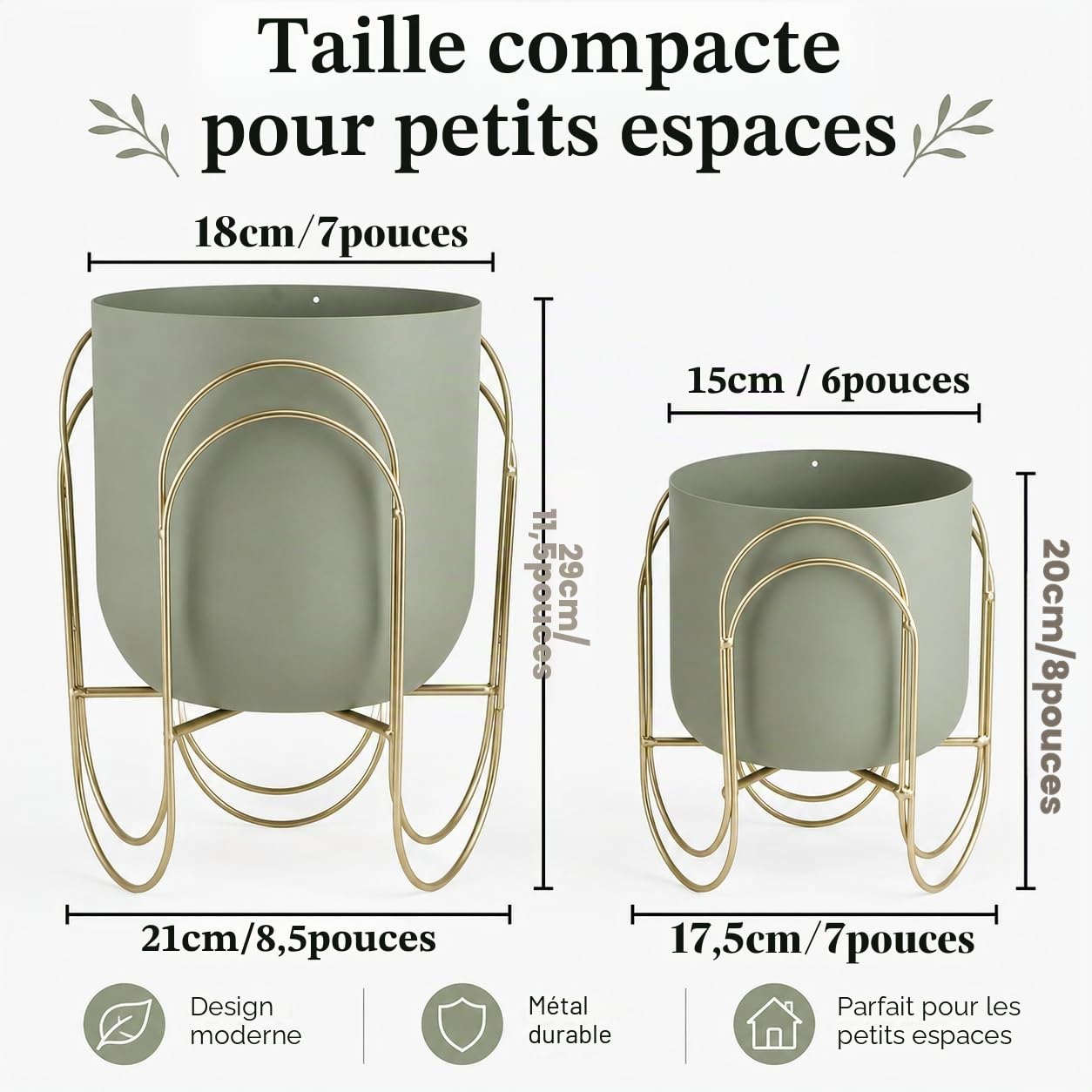JHY DESIGN Lot de 2 pots de fleurs modernes avec support, support de plantes en métal 29,2/20,3 cm H - Pots de fleurs modernes pour salon, coin, cuisine, bureau, jardin, balcon, terrasse (vert)